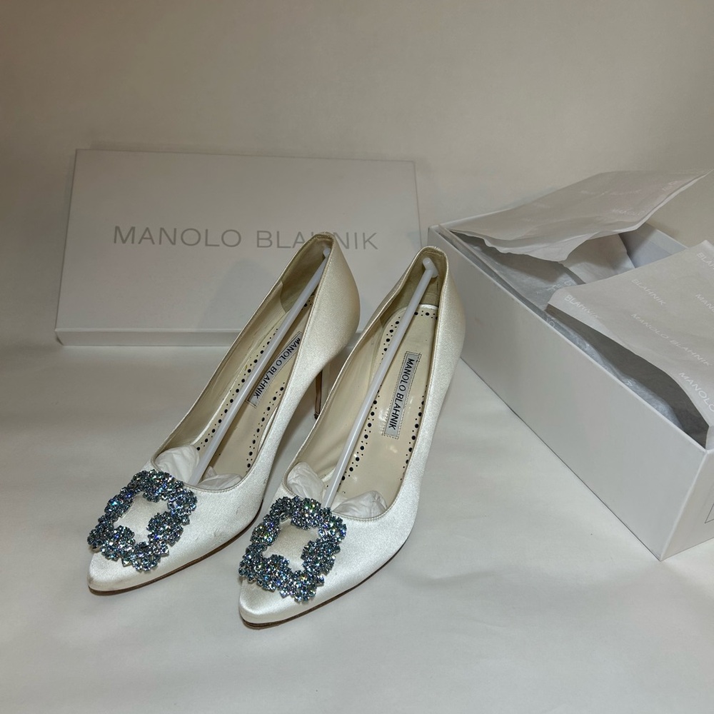 Manolo Blahnik Hangisi Ivory Heels with Blue Embellishments